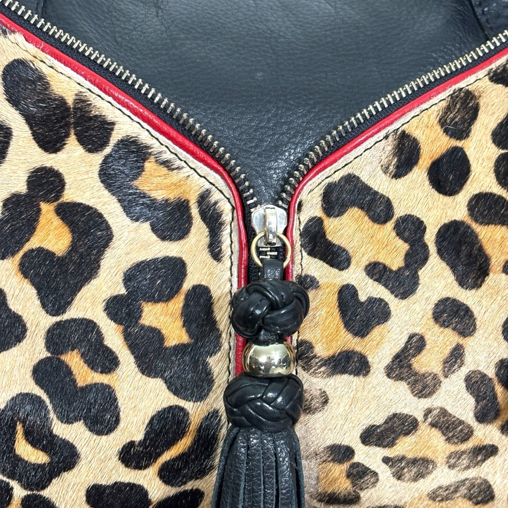 Aqua Madonna Leopard Calf Hair Large Leather Shoulder Bag Red Tassel Zip Satchel - Picture 2 of 15